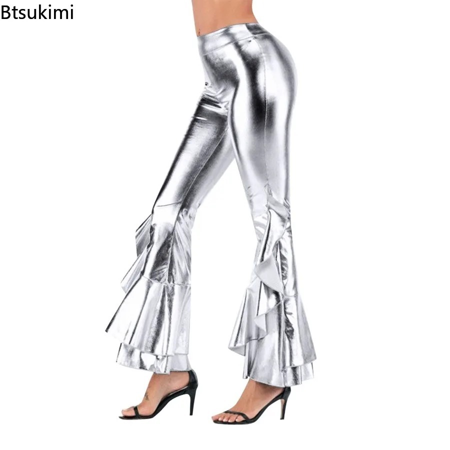 Wide Leg Trouser 70S - Women's Shiny Flare Trousers Metallic Bell