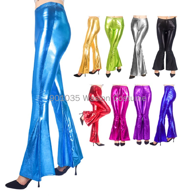 Wide Leg Trouser 70S - Women Shiny Flare Trousers Laser Metallic