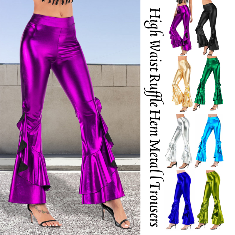 Wide Leg Trouser 70S - Women Shiny Flare Trousers Laser Metallic