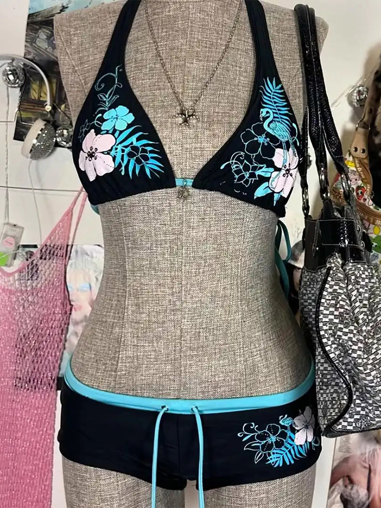 Vintage Fashion Style Female - Vintage Flower print Cutie set Bikini