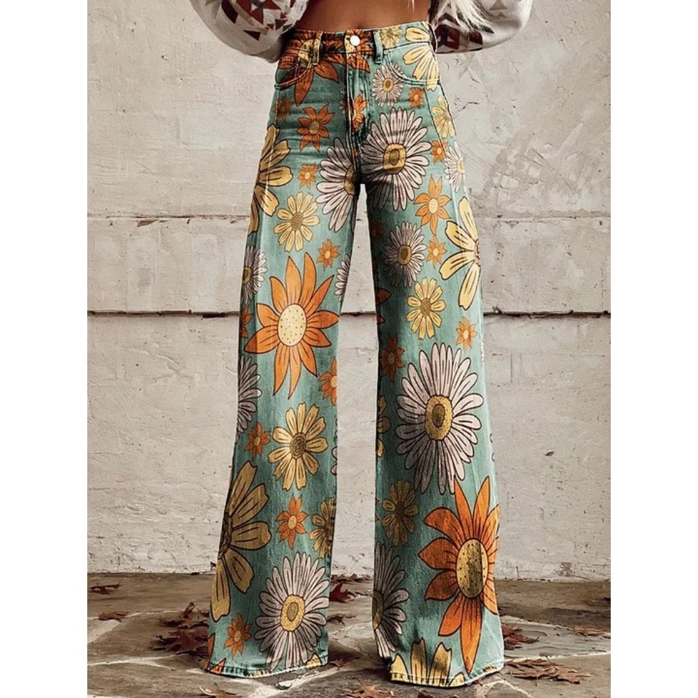 Wide Leg Trouser 70S - Women's Cute Retro Wave Daisy Print