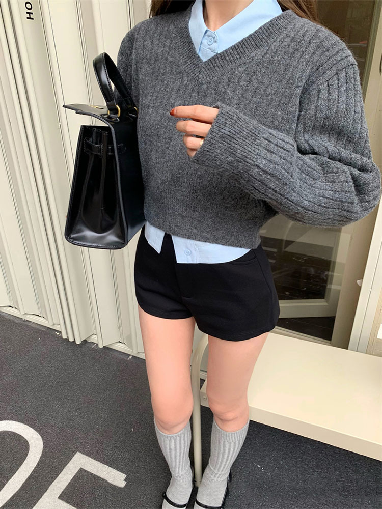 Basic Grey Cropped Sweater Wom - Vintage Fashion Style Female 评论和价格