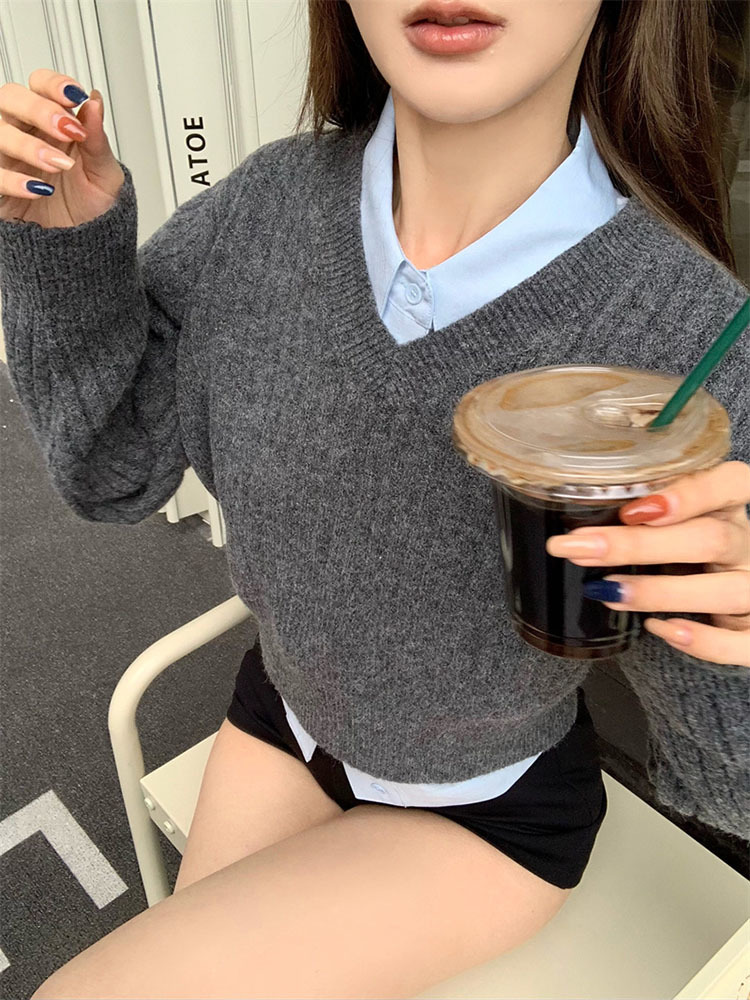 Basic Grey Cropped Sweater Wom - Vintage Fashion Style Female 评论和价格