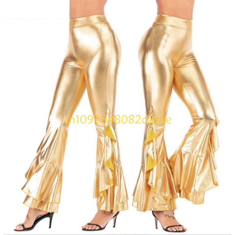 Women Glossy Metallic Flared T - Wide Leg Trouser 70S 评论和价格