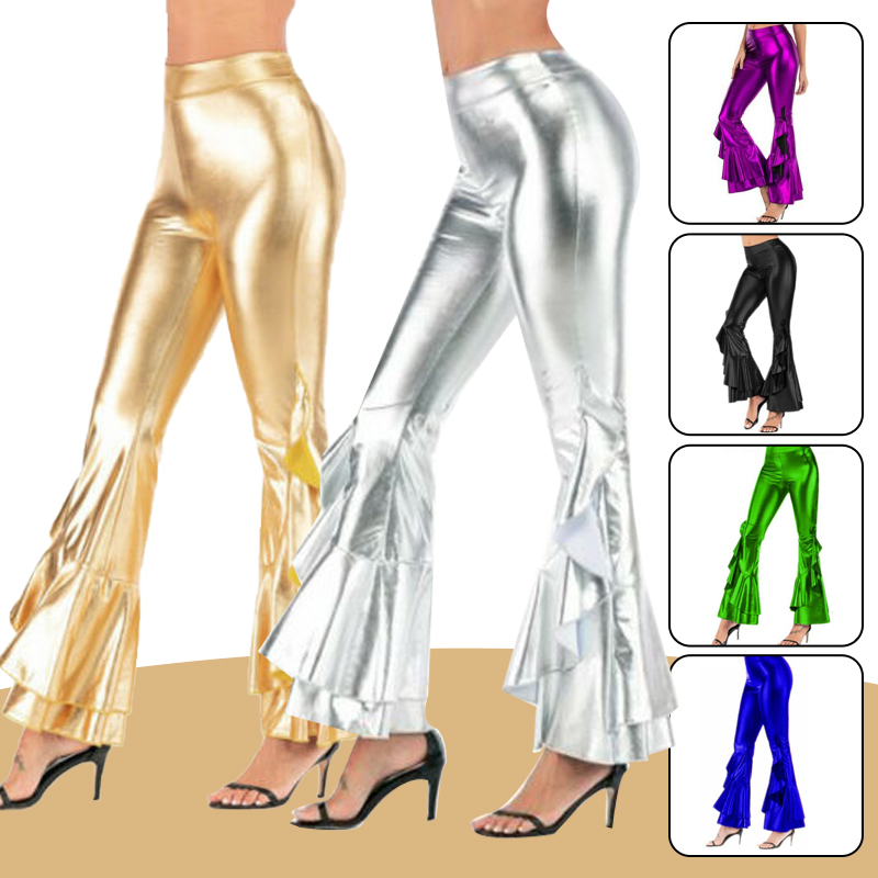 Women Shiny Flare Trousers Las - Wide Leg Trouser 70S 评论和价格