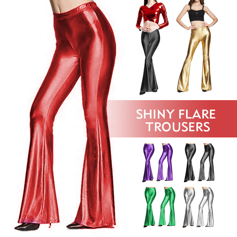 Women Shiny Flare Trousers Las - Wide Leg Trouser 70S 评论和价格