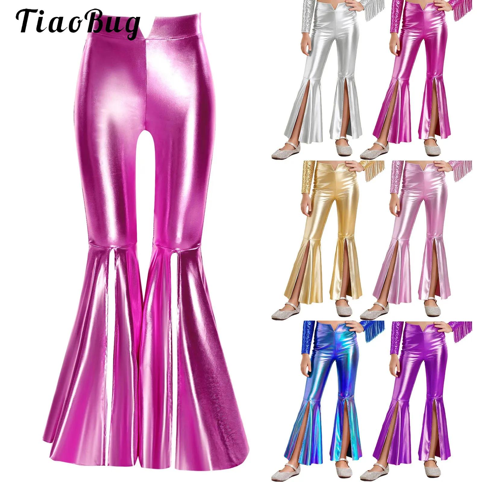 Girls Glossy Metallic Leggings - Wide Leg Trouser 70S 评论和价格