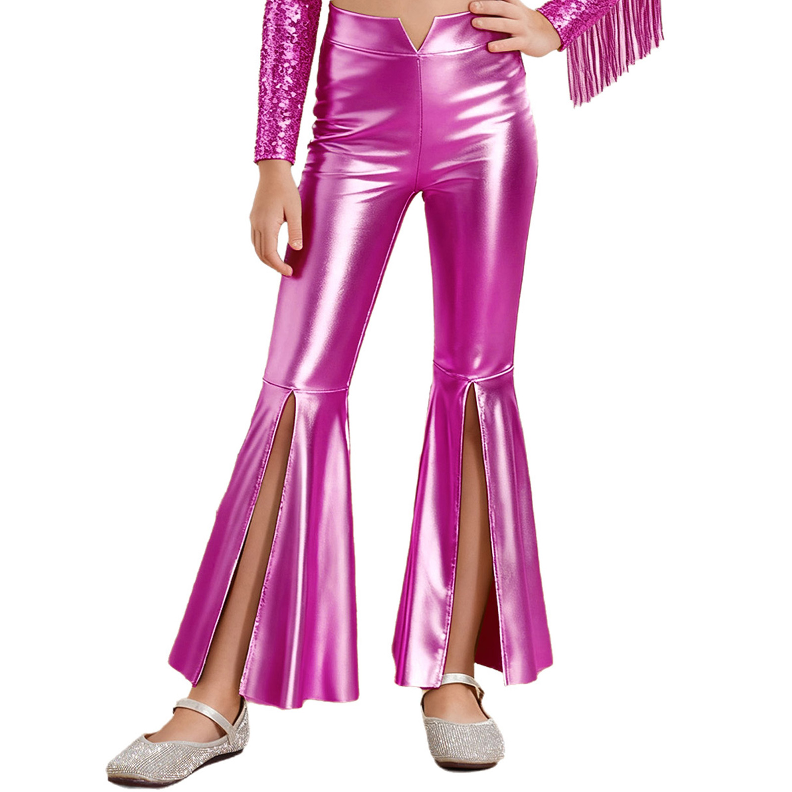Girls Glossy Metallic Leggings - Wide Leg Trouser 70S 评论和价格